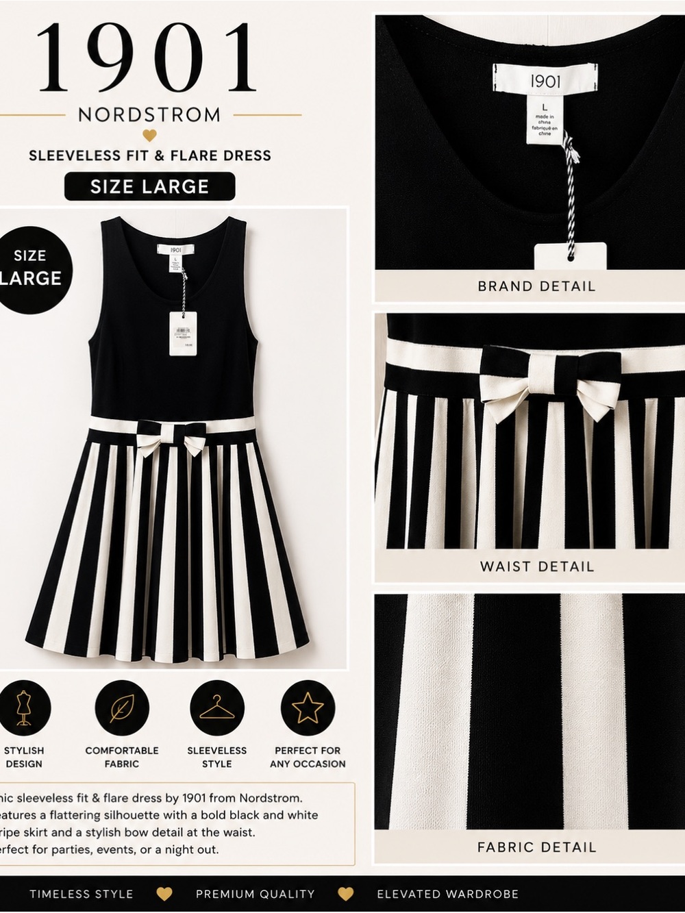 1901 Black and White Striped Fit & Flare Dress with Waist Bow